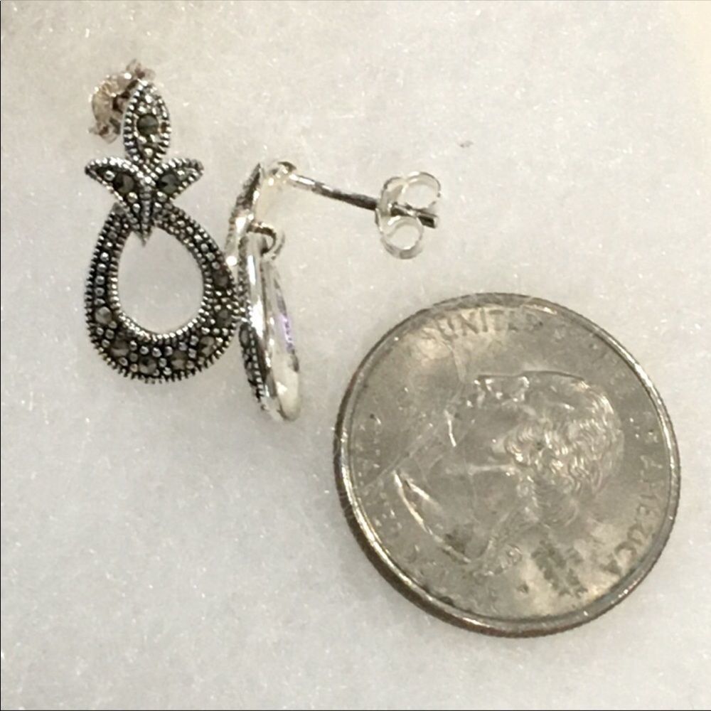 Fleur De Lis Style Marcasite Sterling Silver Drop Earrings - Picture 2 of 7